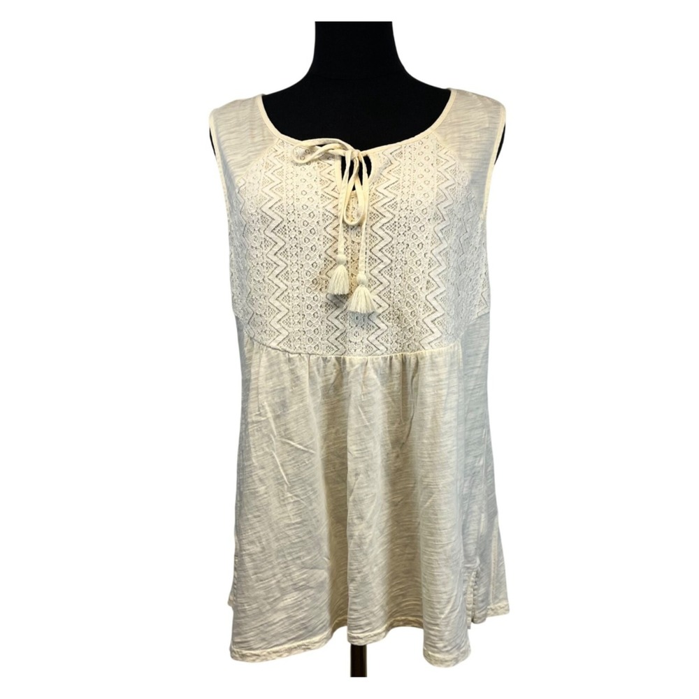 Garnet Hill‎ Sleeveless Ivory Tunic Top Size M Cotton Lace Detail, Cottage Boho